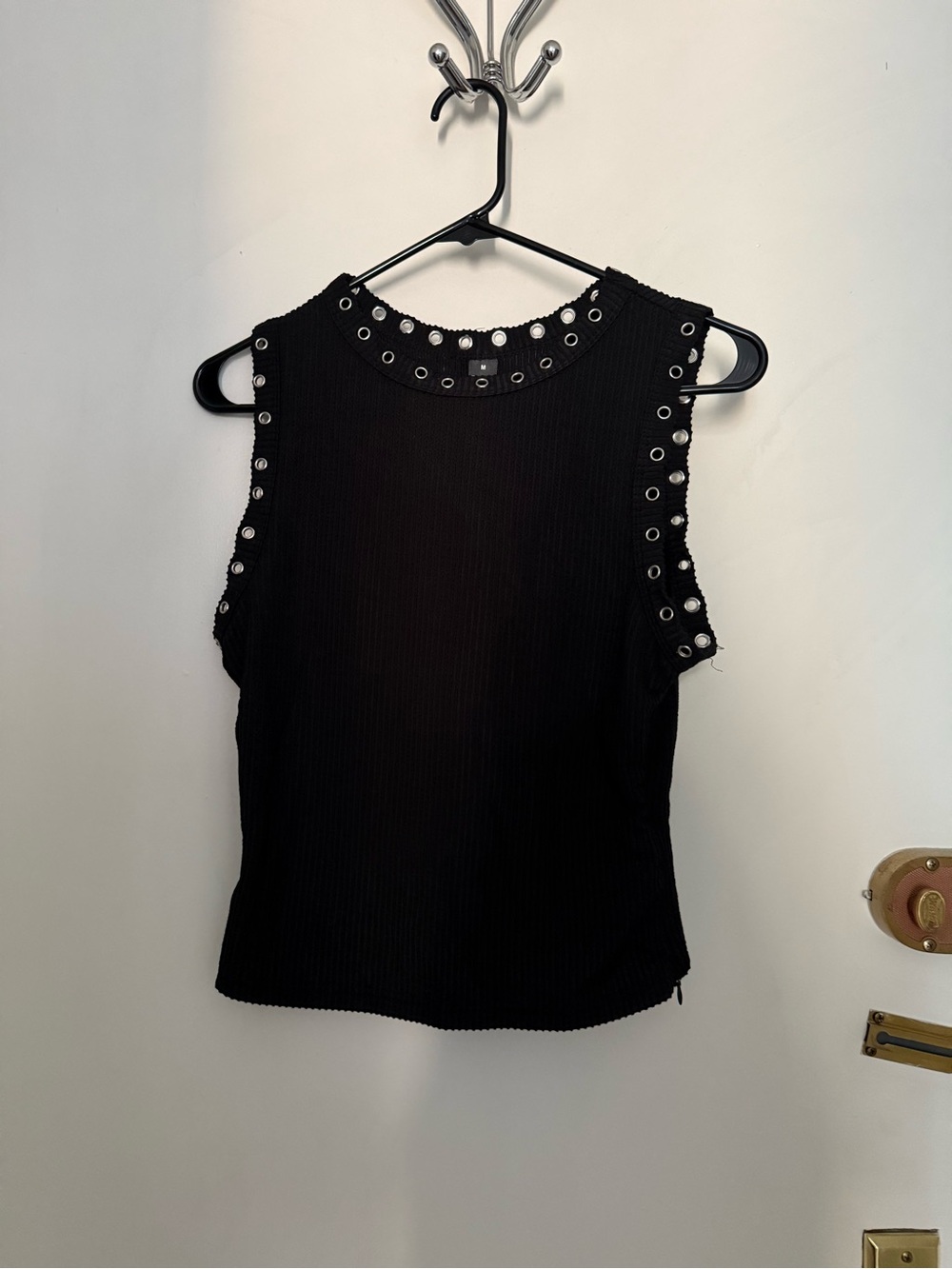 Black Sleeveless Studded Eyelet Ribbed Tank Top